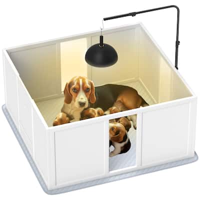 PawHut Whelping Box for Dogs, Newborn Puppy Supplies with Retractable Light Stand, Waterproof Pee Pad, 39" x 38"