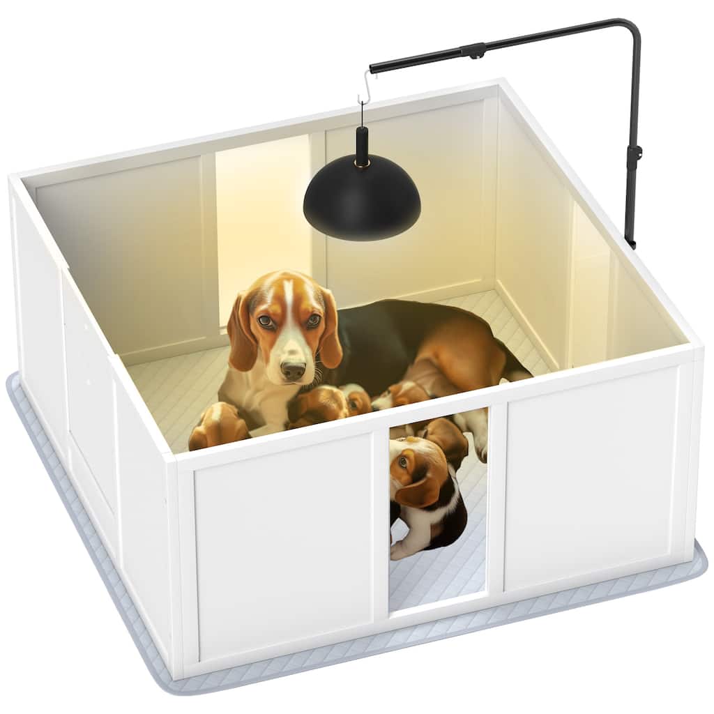 PawHut Whelping Box for Dogs, Newborn Puppy Supplies with Retractable Light Stand, Waterproof Pee Pad, 39" x 38"