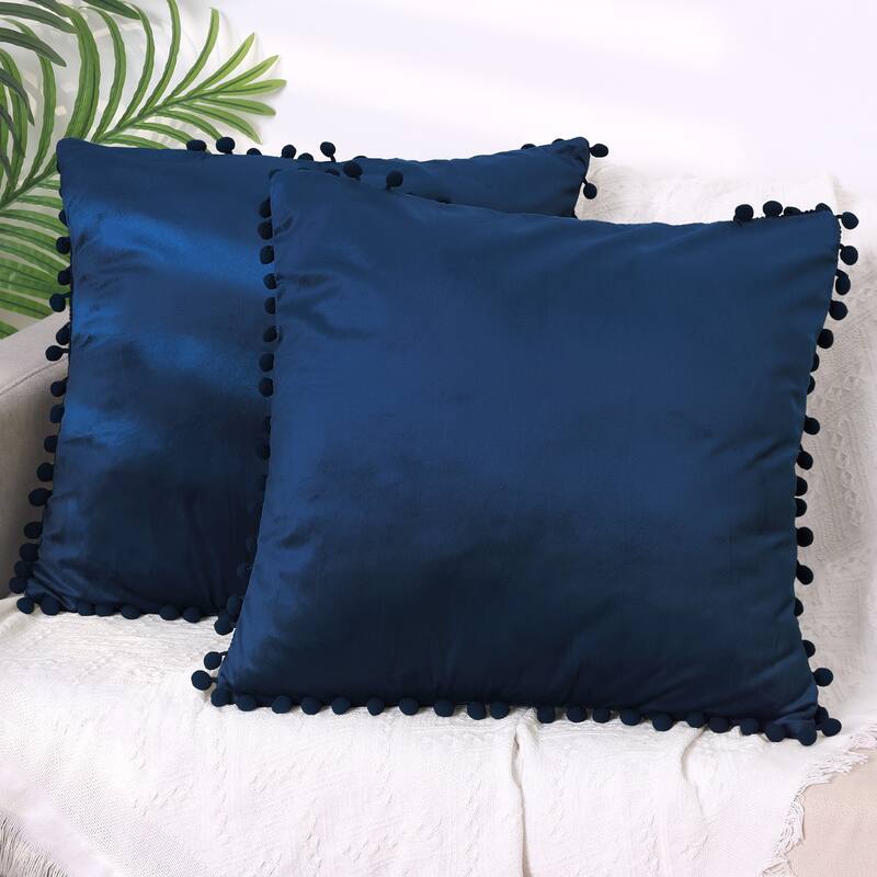 Pack of 2 Velvet Throw Pillow Covers with Pompoms Decorative Pillow Cases Fringe Cushion Covers Velvet Square Sham - Dark Blue - 18 x 18 Inch