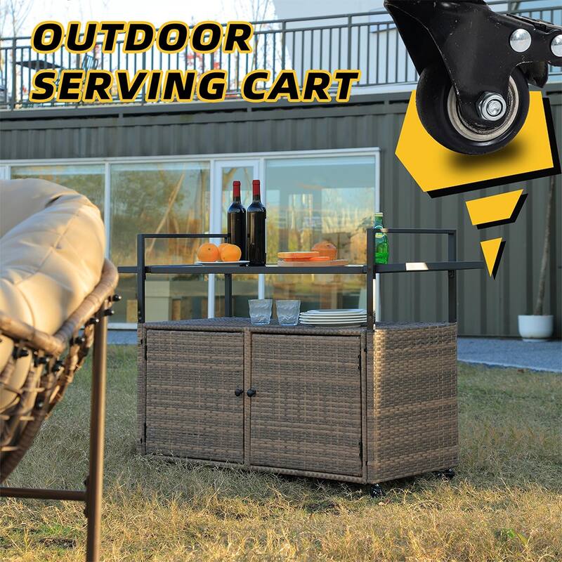 Large Portable Outdoor Wicker Bar Cart, Wheels, Glass Tabletop - 51.18'' W x 19.69'' D x 35.43'' H
