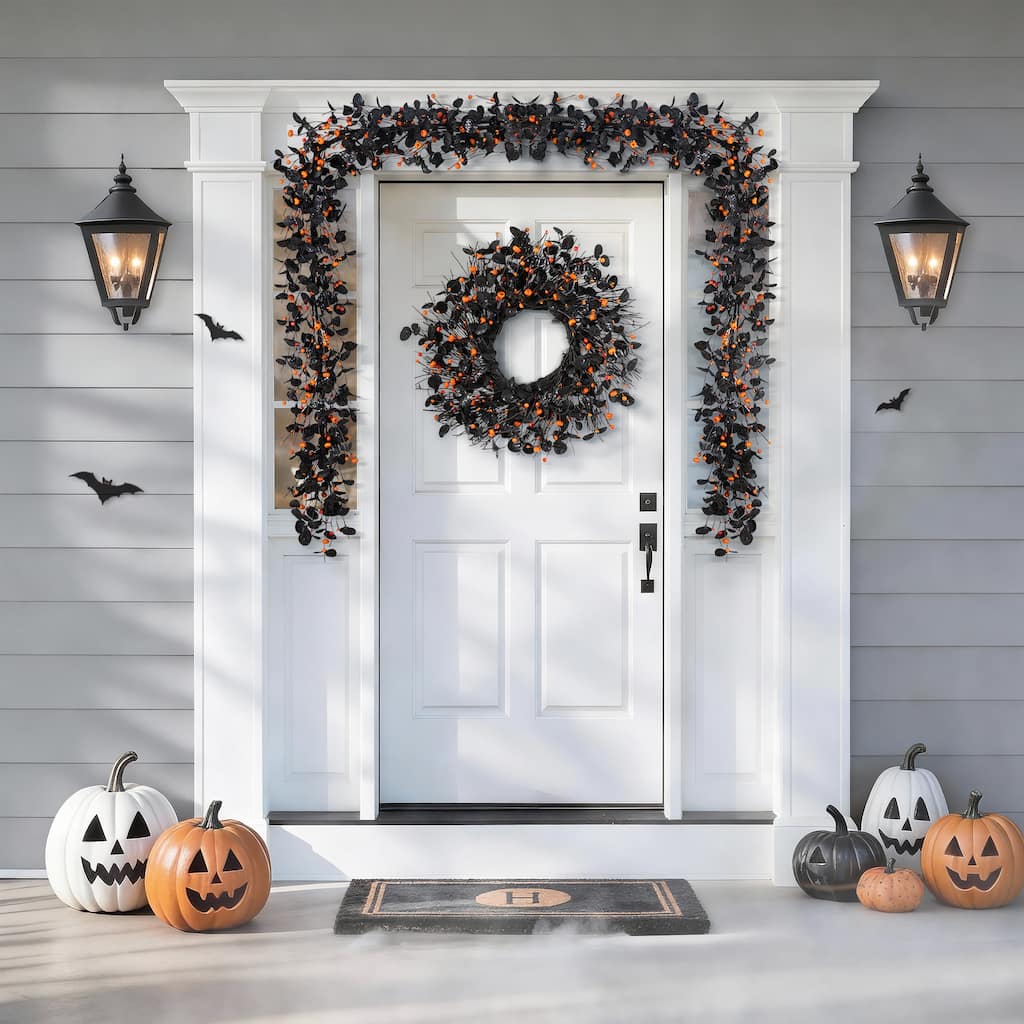 Glitzhome Halloween Eucalyptus Pumpkin Bat Garland Wreath
