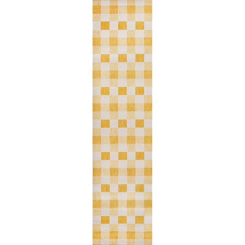 JONATHAN Y Biot Traditional Geometric Bold Gingham Black/Cream Indoor/Outdoor Area Rug - 2 X 8 - Yellow/Cream