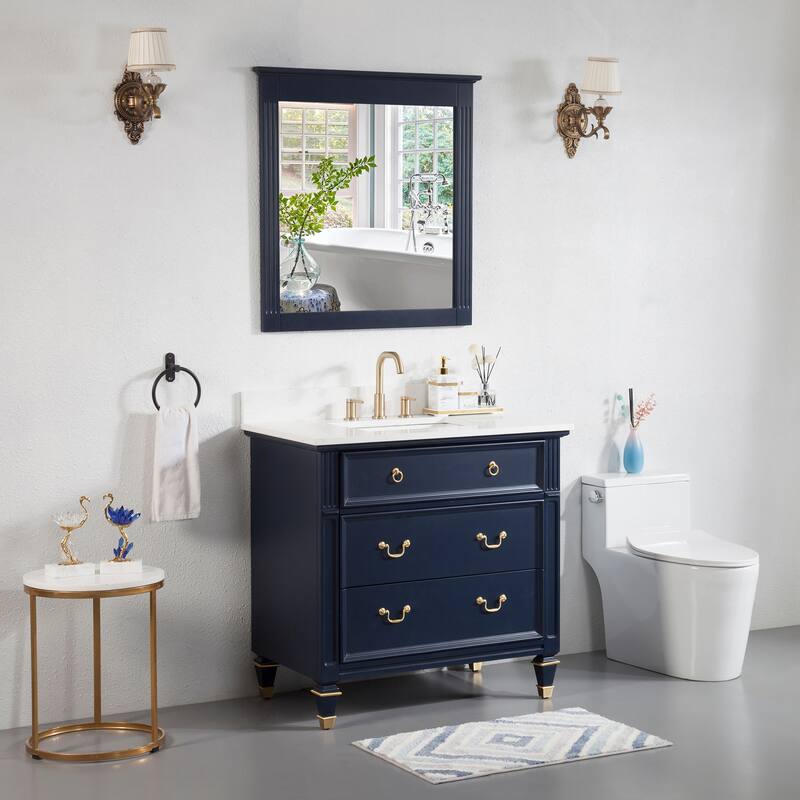 35'' H X 36'' W Solid Wood Bath Vanity with Stain-resistant Carrera White Quartz Top and Single Sink
