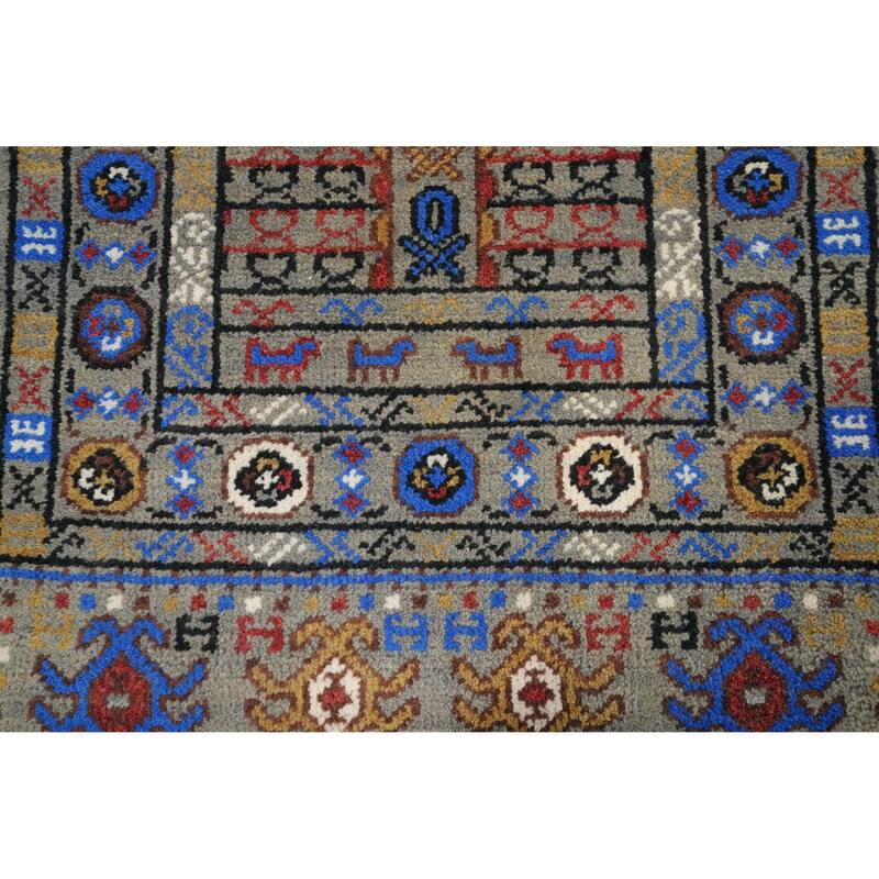 Hand Knotted Oriental 100% Wool Carpet Traditional Tribal Greys & Charcoal Kazak Runner Rug - 9' 11'' X 2' 7''