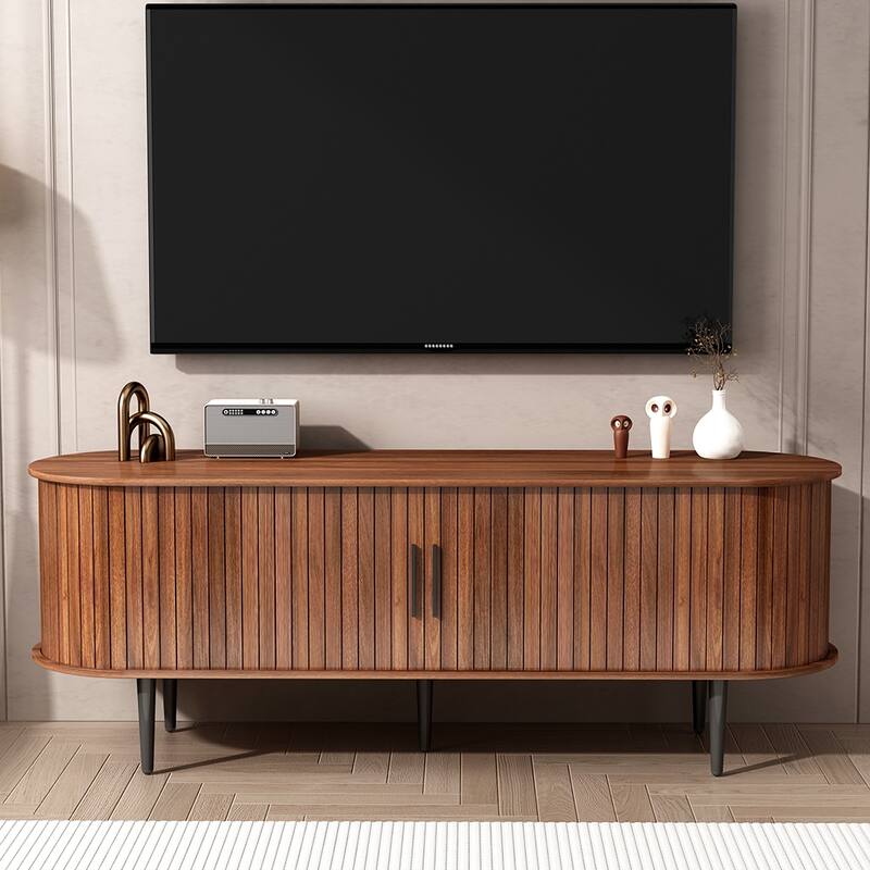 Modern TV Stand with Sliding Door, Wood Media Console Table with Fluted Design, Entertainment Center with Storage Cabinet