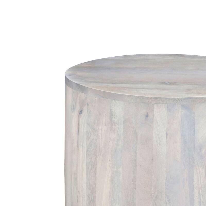 Febe Side End Accent Table, 20 Inch Round Top, Cylindrical Plinth Base, Oak White Mango Wood