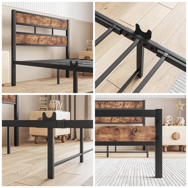 Metal Bed Platform Bed Frame w/Rustic Vintage Wood Headboard & Footboard, Metal Slats Support, No Box Spring Needed, Noise-Free