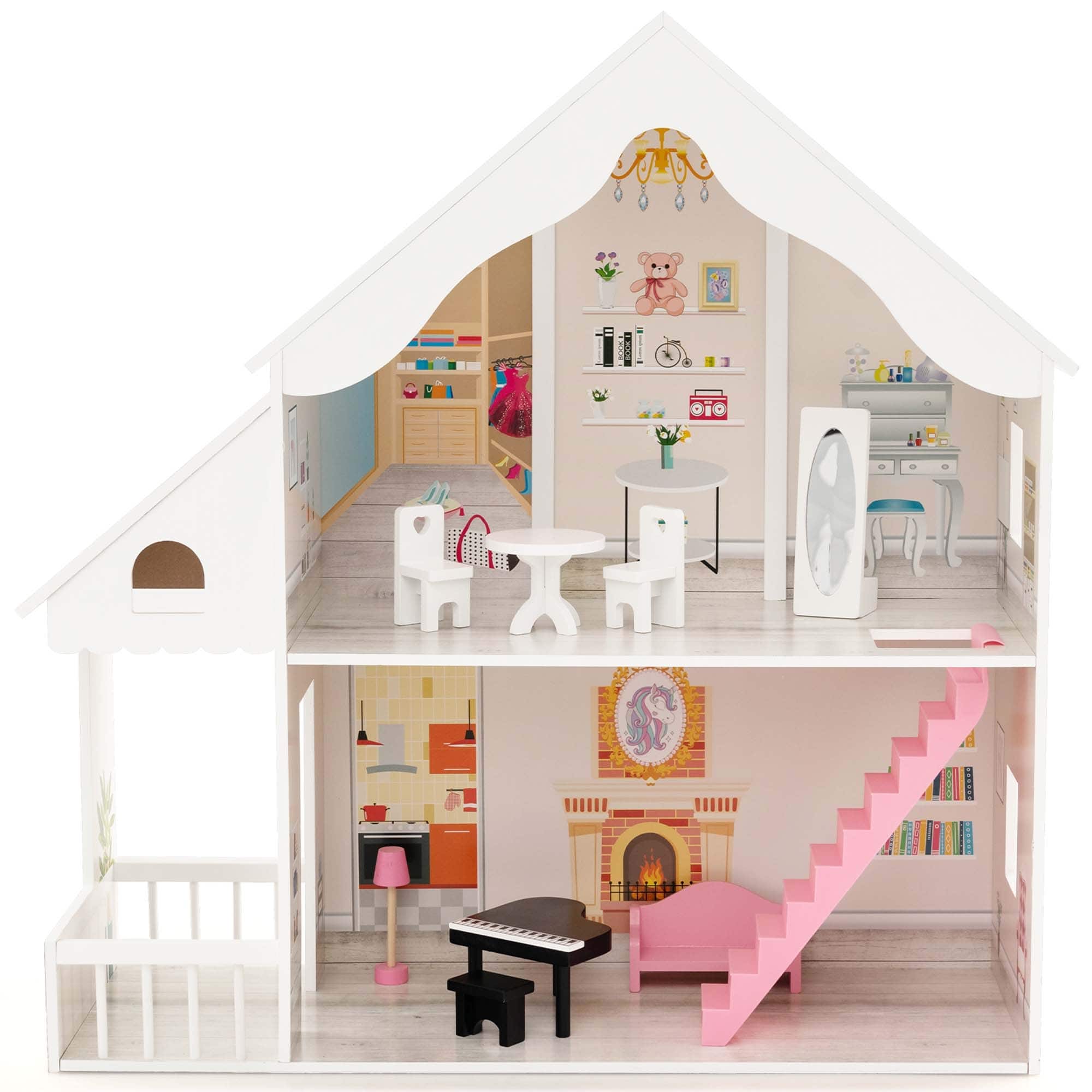 Kids Wooden Dollhouse Semi-Opened DIY Playset with Simulated Rooms - On ...