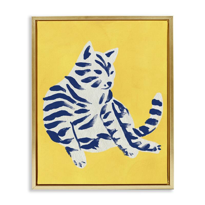 Stupell Unique Bright Cat on Yellow Framed Floater Canvas Wall Art Design By June Erica Vess - 25 x 31 - Gold