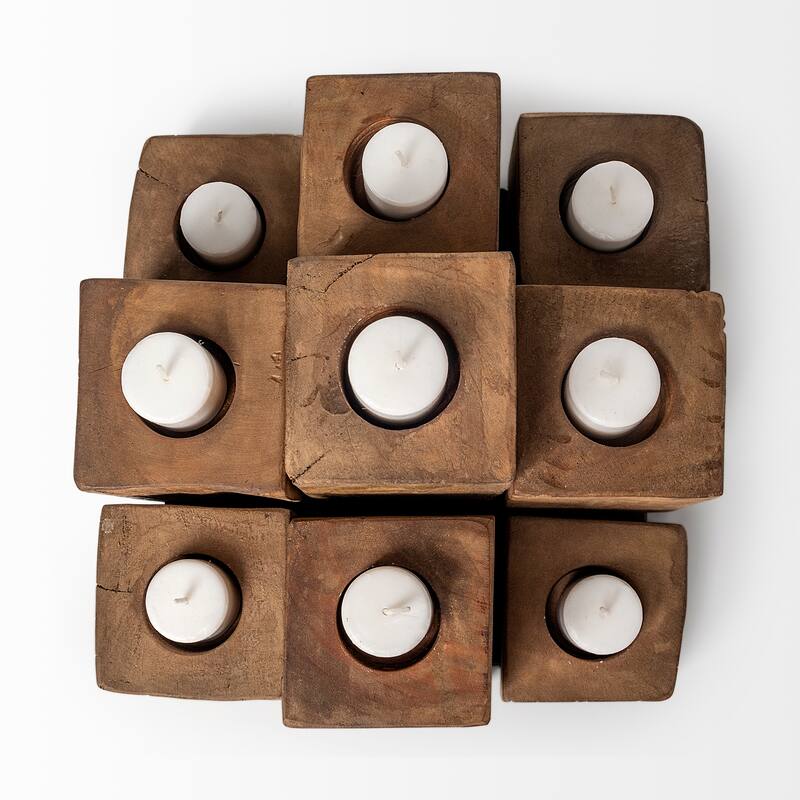 Cassius Light Brown Nine Wood Block Table Candle Holder - 11.0L x 11.0W x 8.0H