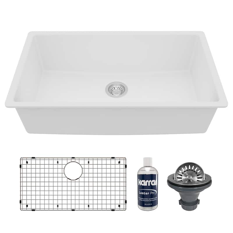 Karran Undermount 32.5 in. Large Single Bowl Quartz Kitchen Sink Kit - White