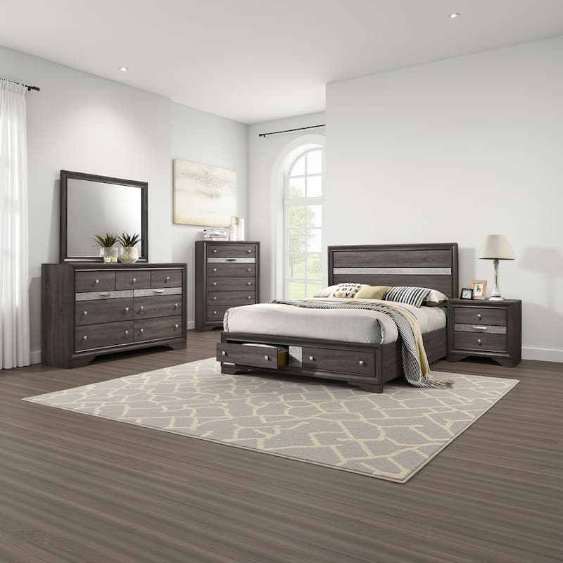 Isy Four Piece King Size Bedroom Set, Silver Accent Knobs, Contemporary Gray