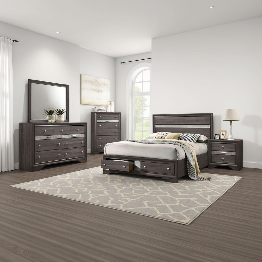 Isy Four Piece King Size Bedroom Set, Silver Accent Knobs, Contemporary Gray