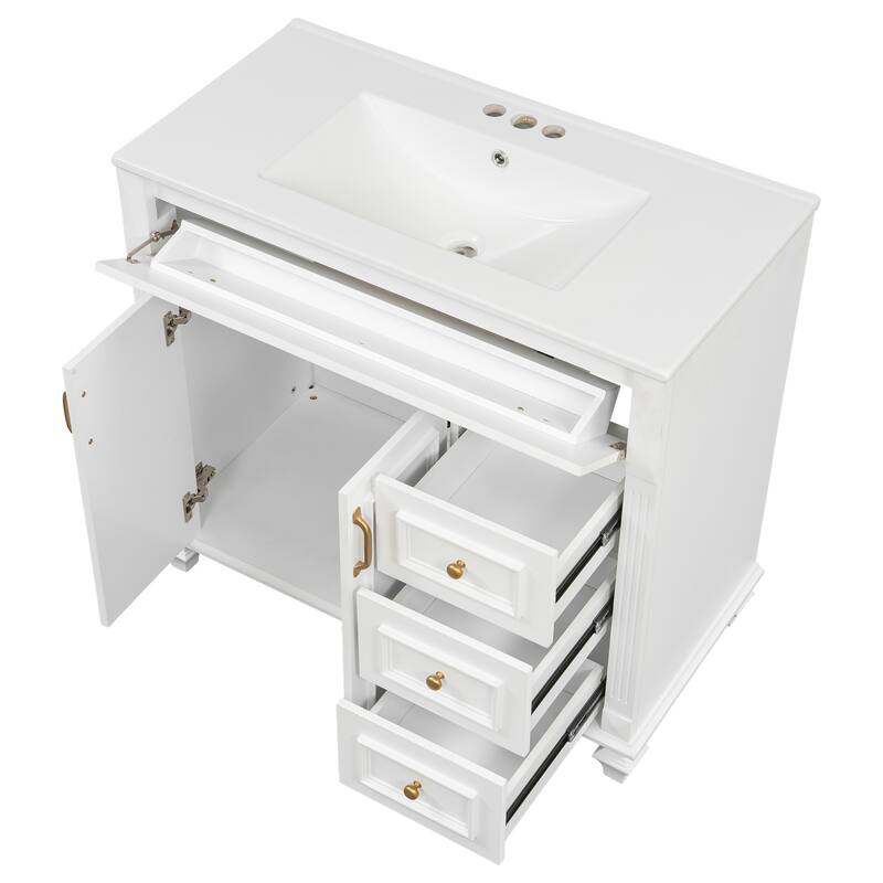 36" Bathroom Vanity with Sink, Storage Vanity Cabinet with Flip-Out Drawer, 3 Drawers, 2 Soft-Close Doors and Gold Handles