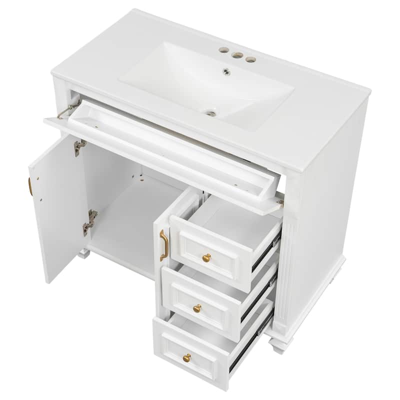 36" Bathroom Vanity with Sink, Vanity Cabinet with Flip-Out Drawer, 3 Drawers, 2 Soft-Close Doors, Solid Wood & MDF