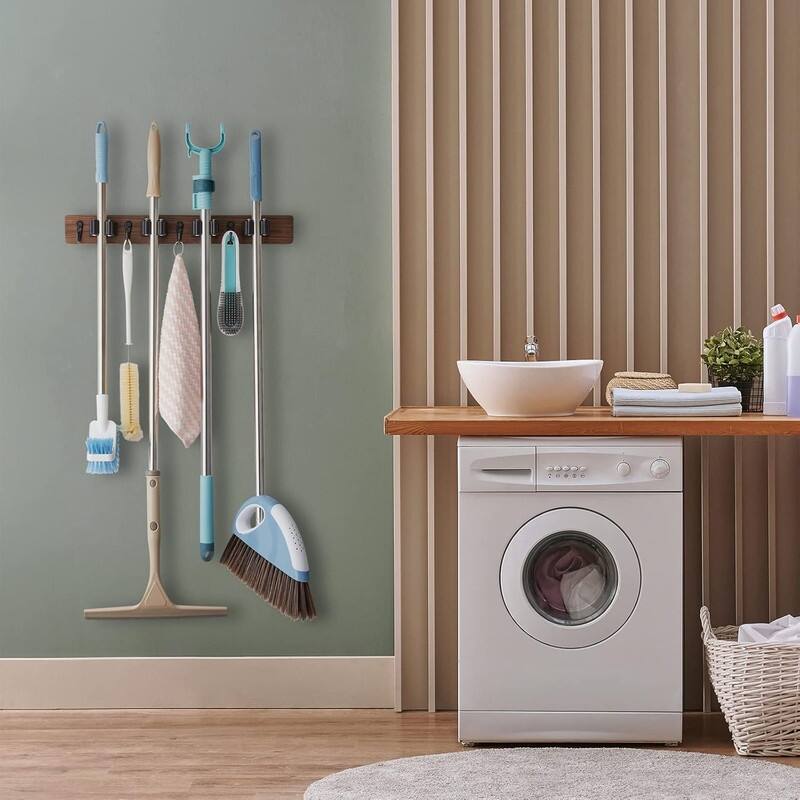 Wood Mop Broom Holder Wall Mount with 4 Slots & 4 Hooks - 1 Pack