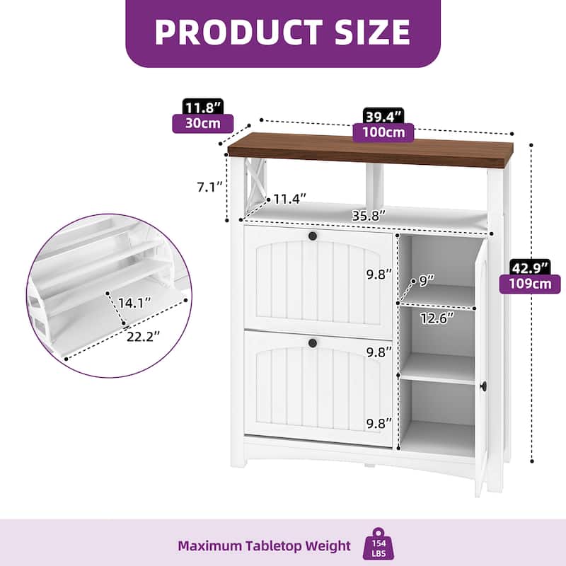 Moasis Farmhouse Rattan Shoe Cabinet with 2 Flip Drawers and Door