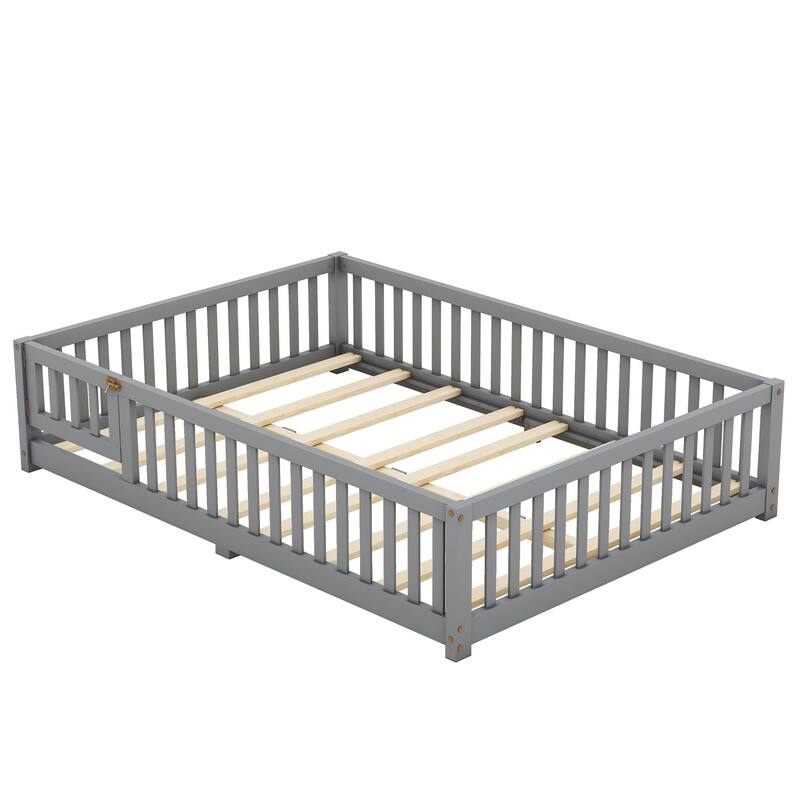 Gray Full Size Pine Wood Floor Bed with Safety Guardrails and Door