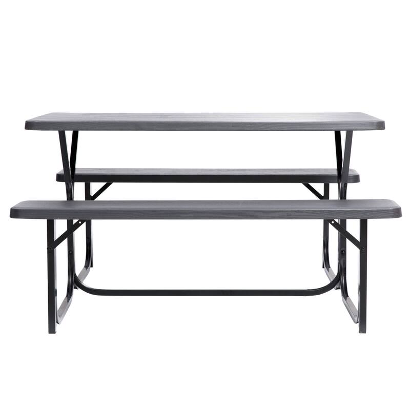 Outdoor Woodgrain Picnic Table Set with Metal Frame, Gray