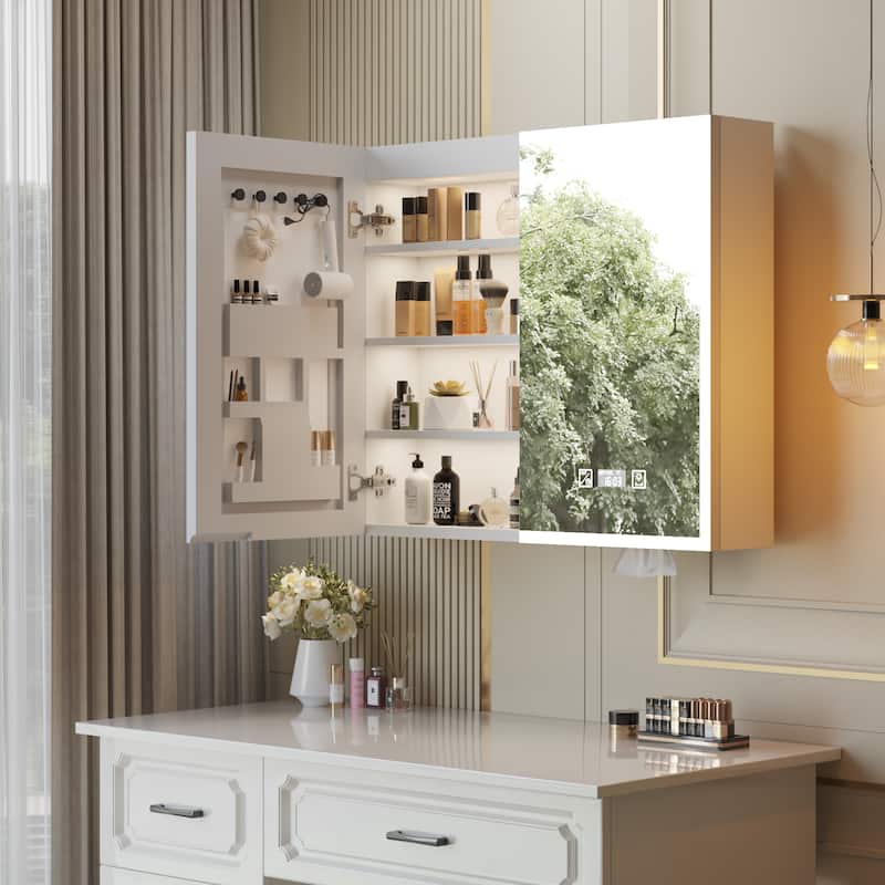 White MDF LED Bathroom Wall Cabinet with Mirror, 7 Shelves and USB - 31.5” x 6.1” x 27.6”