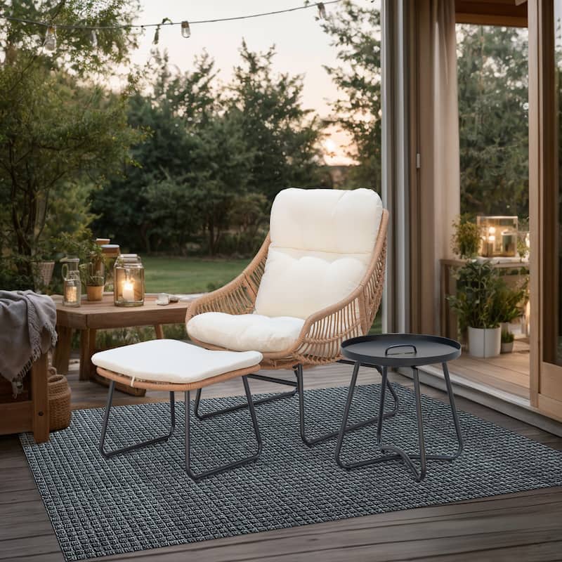 Chaise Lounge Chair with Ottoman and Coffee Table, Wicker Egg Chair Oversized Rattan Patio Cozy Chairs with Footstool