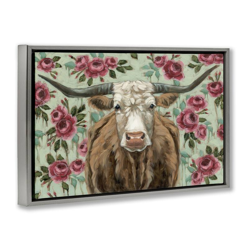 Stupell Longhorn with Magenta Blooms Framed Floater Canvas Wall Art Design By Sara G. Designs
