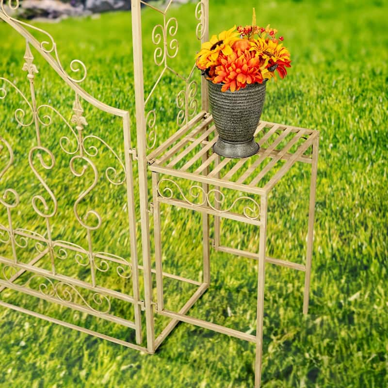 96 Inch Tall Iron Garden Gate Arch with Plant Stands