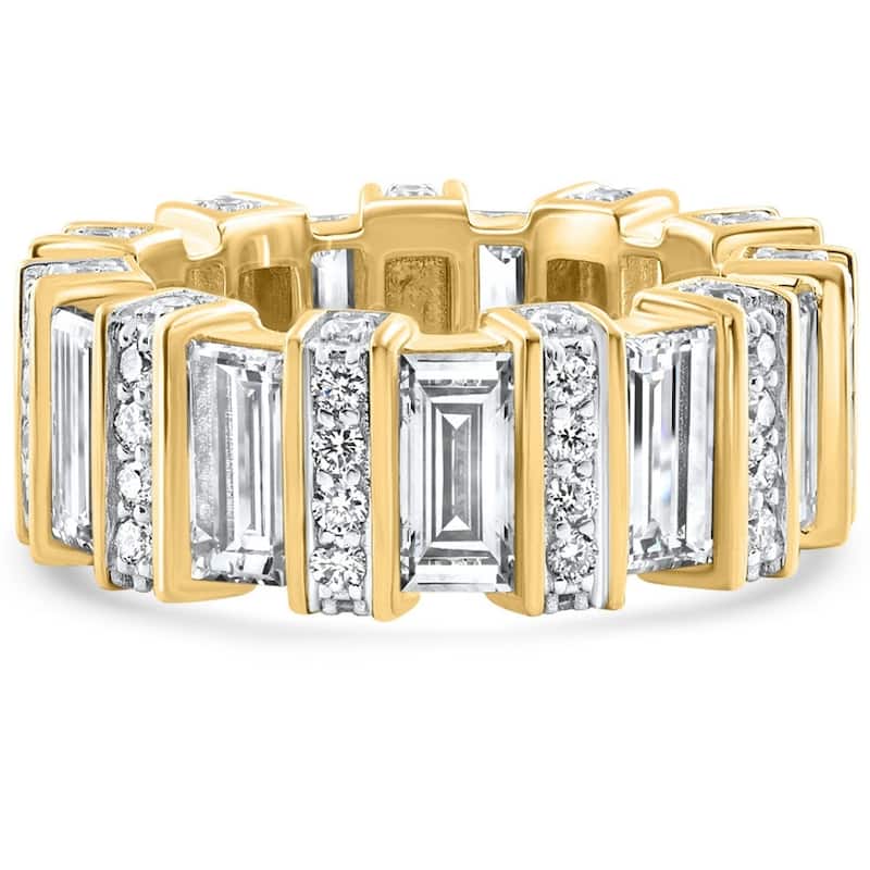 6 Ct Emerald Cut Designer Wide Diamond Eternity Wedding Ring Gold Lab Grown