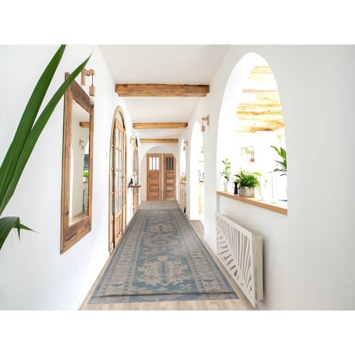 Hand Knotted Oriental 100% Wool Carpet Transitional Geometric Navy Blue & Blues Oushak Runner Rug - 18' 10'' X 3' 5''