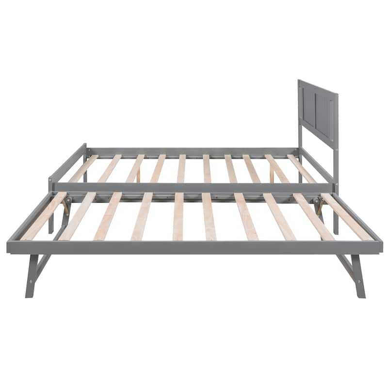 Full Size Platform Bed with Adjustable Trundle, Wooden Bed Frame
