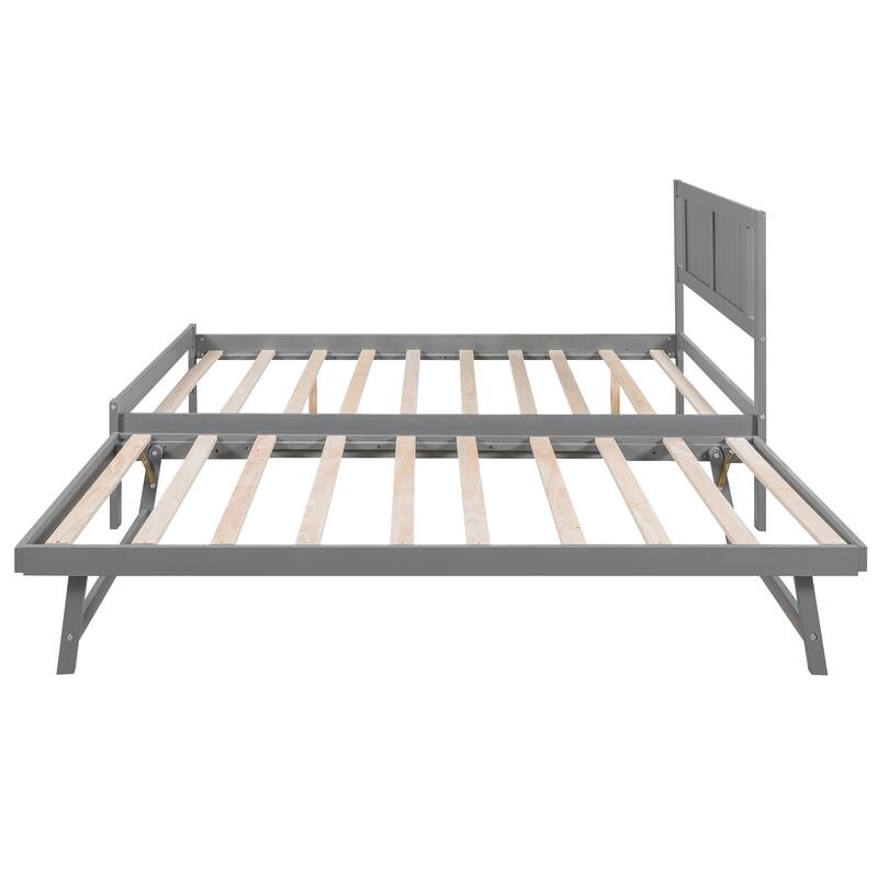 Gray Full Pine Platform Bed with Adjustable Trundle