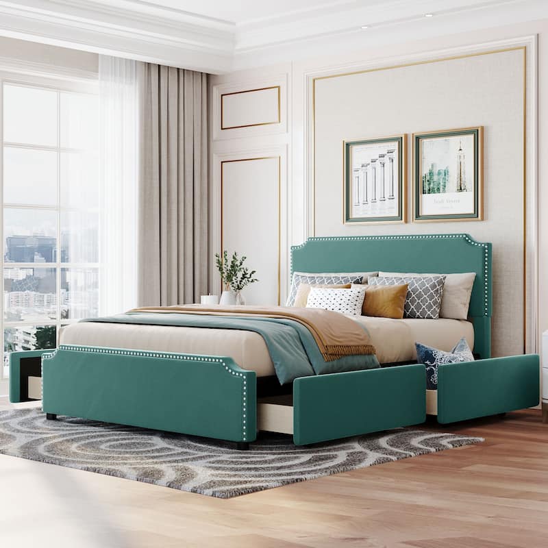 Queen Upholstered Velvet Platform Bed Storage Bedframe with 4 Drawers