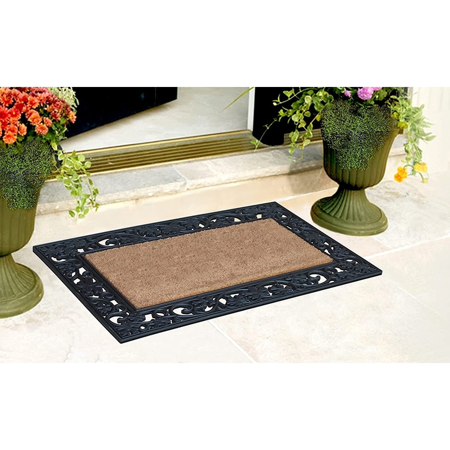 A1 Home Collections A1hc Welcome Mat Black/Beige 24 in. x 39 in. Coir PVC Classic Border Heavy Duty Door Mat