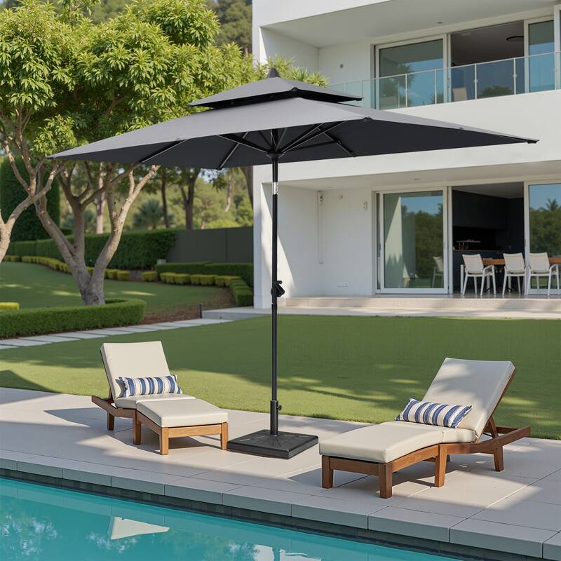 Crestlive Products 9 x 5 FT Double Top Patio Outdoor Market Umbrella and Base Stand - Dark Grey