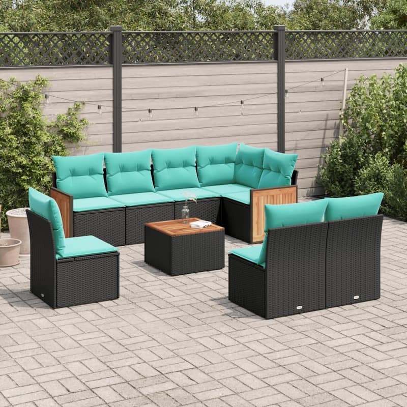 vidaXL 8 Piece Patio Sofa Set with Cushions Black Poly Rattan - 21.7x27.2x24.4-With table