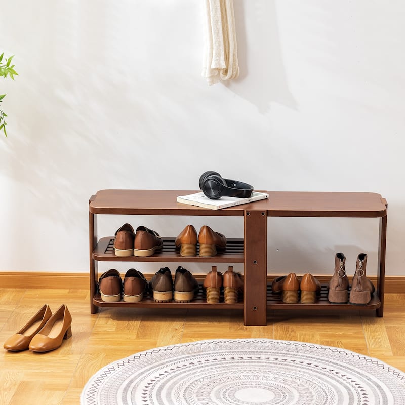 2-Tier Wood Shoe Rack Bench, Shoe Storage Organizer, Entryway Bench