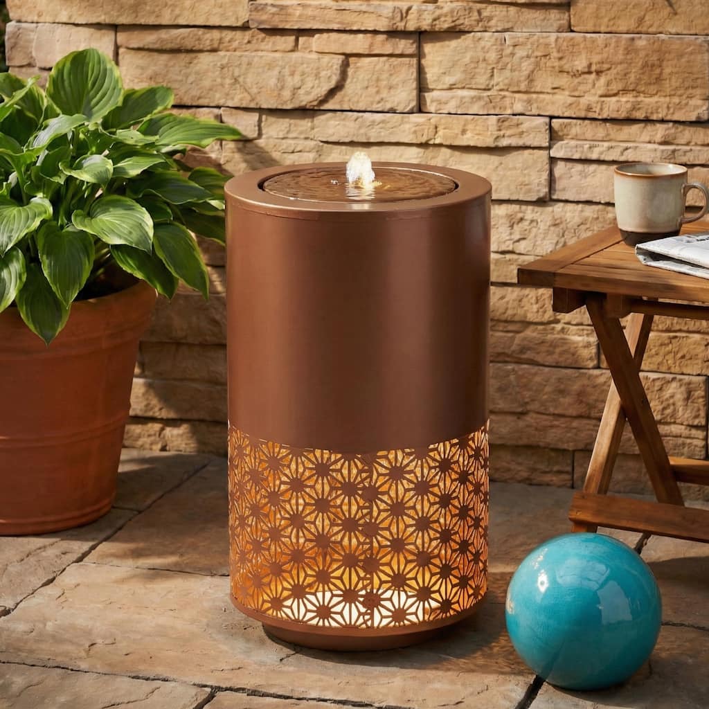 20.87" H Cutout Outdoor Water Fountain with LED Lights, Modern Freestanding Candle Style Water Feature for Patio Backyard Decor