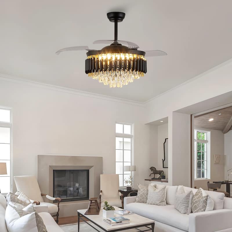 48" Crystal Fandelier Ceiling Fan with Light and Retractable Blades LED Dimmable for Bedroom Living Room - 48 Inches