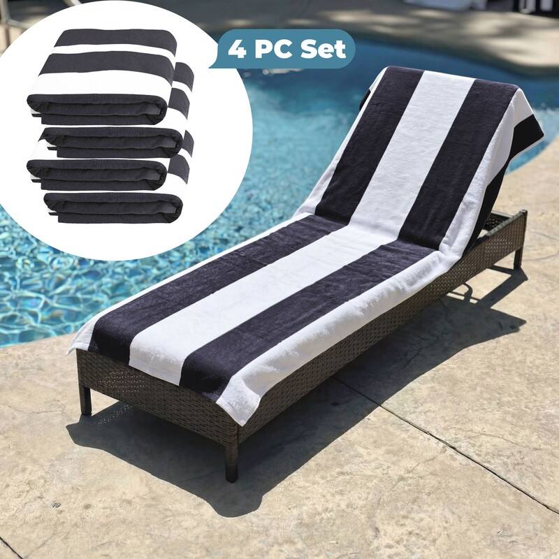 100% Cotton Cabana‑Stripe Lounge Chair Cover Terry Towel with Fitted Pocket & Back Flap Set of 4