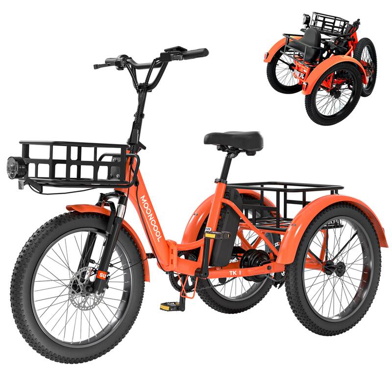 DoCred Electric Folding Tricycle for Adult with Front and Rear Baskets - Orange