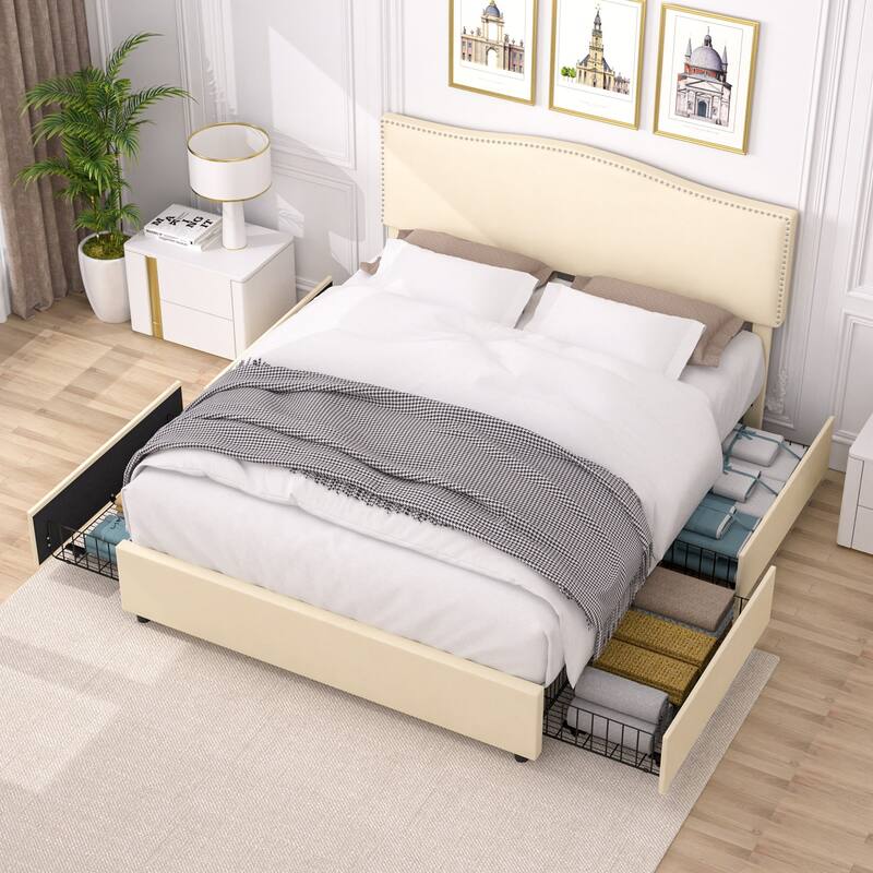 VECELO Upholstered Bed Frame with 4 Storage Drawers Full Queen Heavy Duty Platform with Adjustable Linen Headboard - Beige - Full