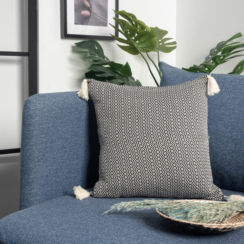 Geometric Chevron Square Throw Pillow with Tassels - 18" - Black and White