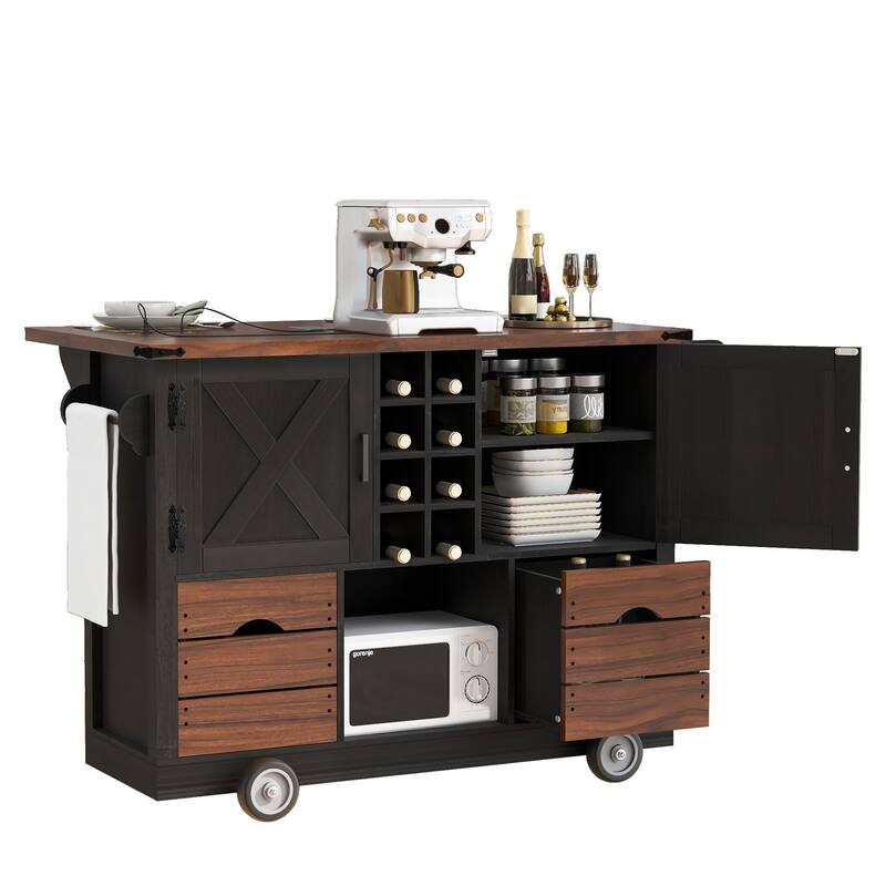 Anmytek 54" Farmhouse Rolling Kitchen Island with Drop Leaf, Power Outlet, Storage Cart, Drawers, Wheels, Spice Rack, Black