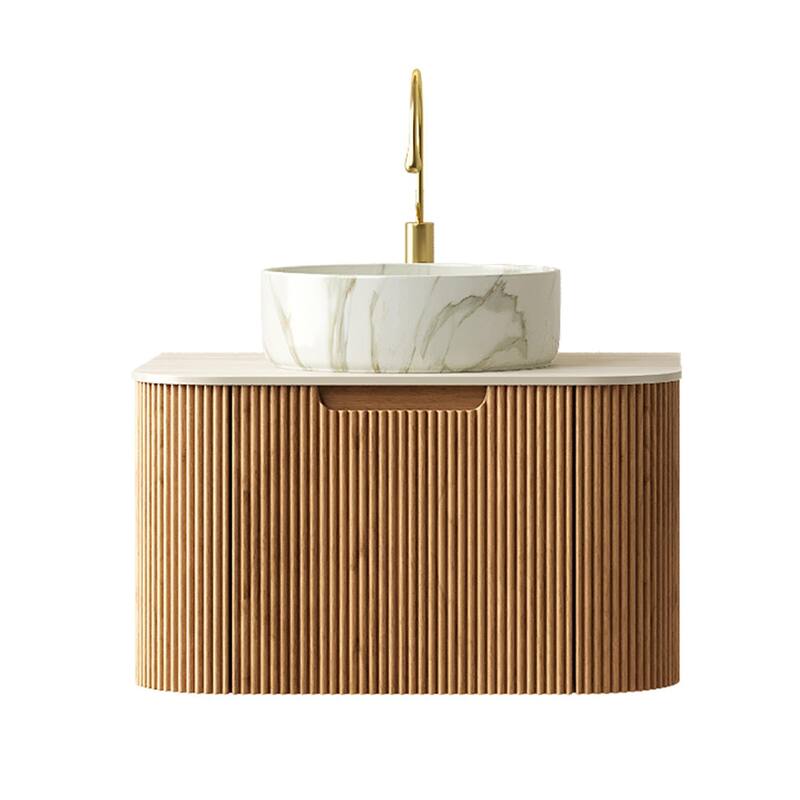 Floating Bathroom with Round Ceramic Basin and Storage Drawer