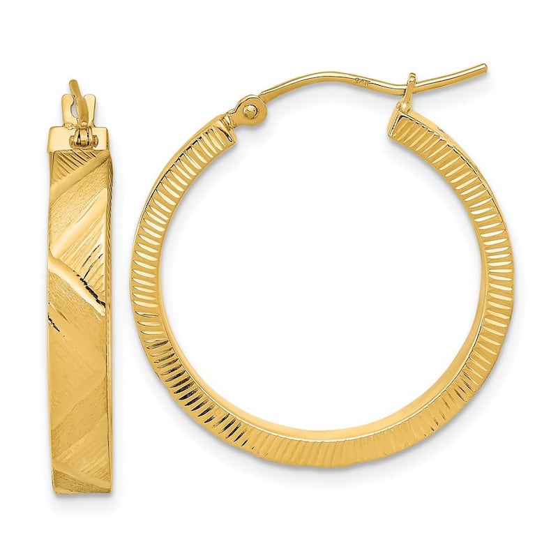Curata 14k Yellow Gold Polished and Brushed Textured 26.13x4mm Hoop Earrings