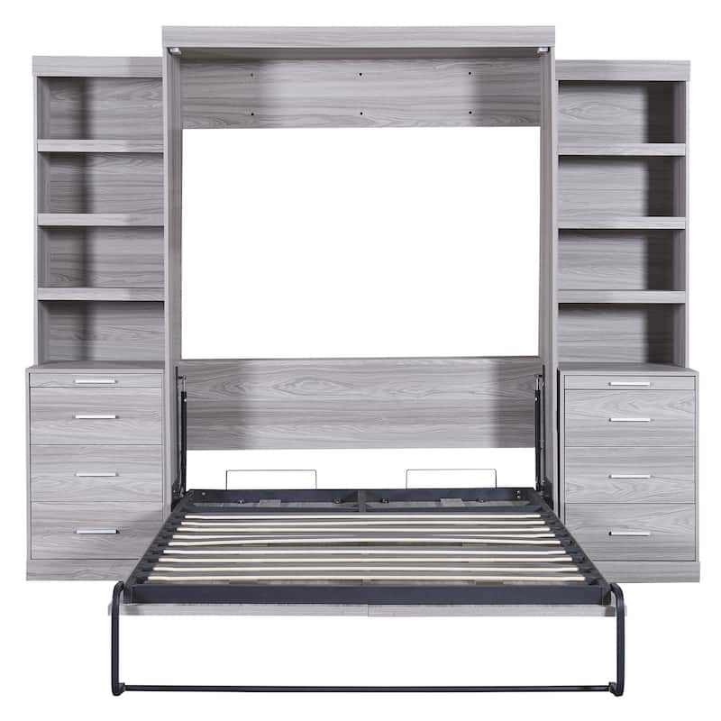 Gray Full Size Wooden Wall Murphy Bed with 2 Side Cabinets