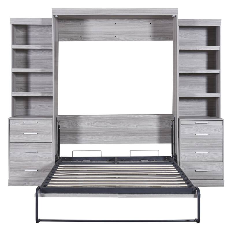 Space-Saving Full Size Murphy Bed with Storage Shelves and Drawers, Gray