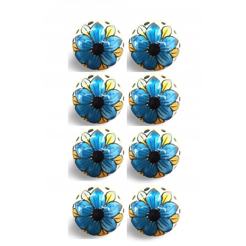 Set of 8 Ceramic Flower Cabinet Knobs Hand-Painted Round Drawer Pulls for Dresser and Doors - 1.5" X 1.5" X 1.5"