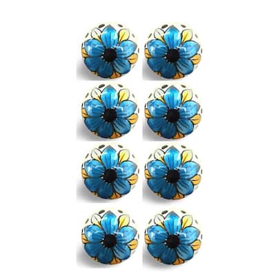 Set of 8 Ceramic Flower Cabinet Knobs Hand-Painted Round Drawer Pulls for Dresser and Doors - 1.5" X 1.5" X 1.5"