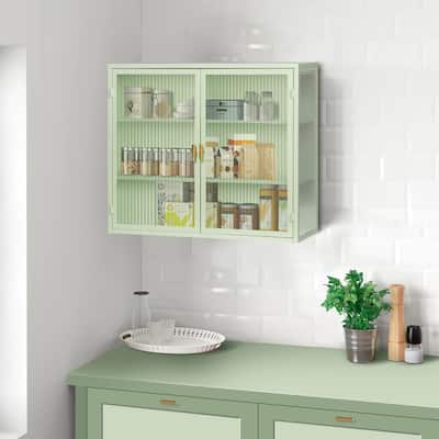 27.56" Modern Two-Door Wall Cabinet with Glass Doors & 3-Tier Storage, Mint Green